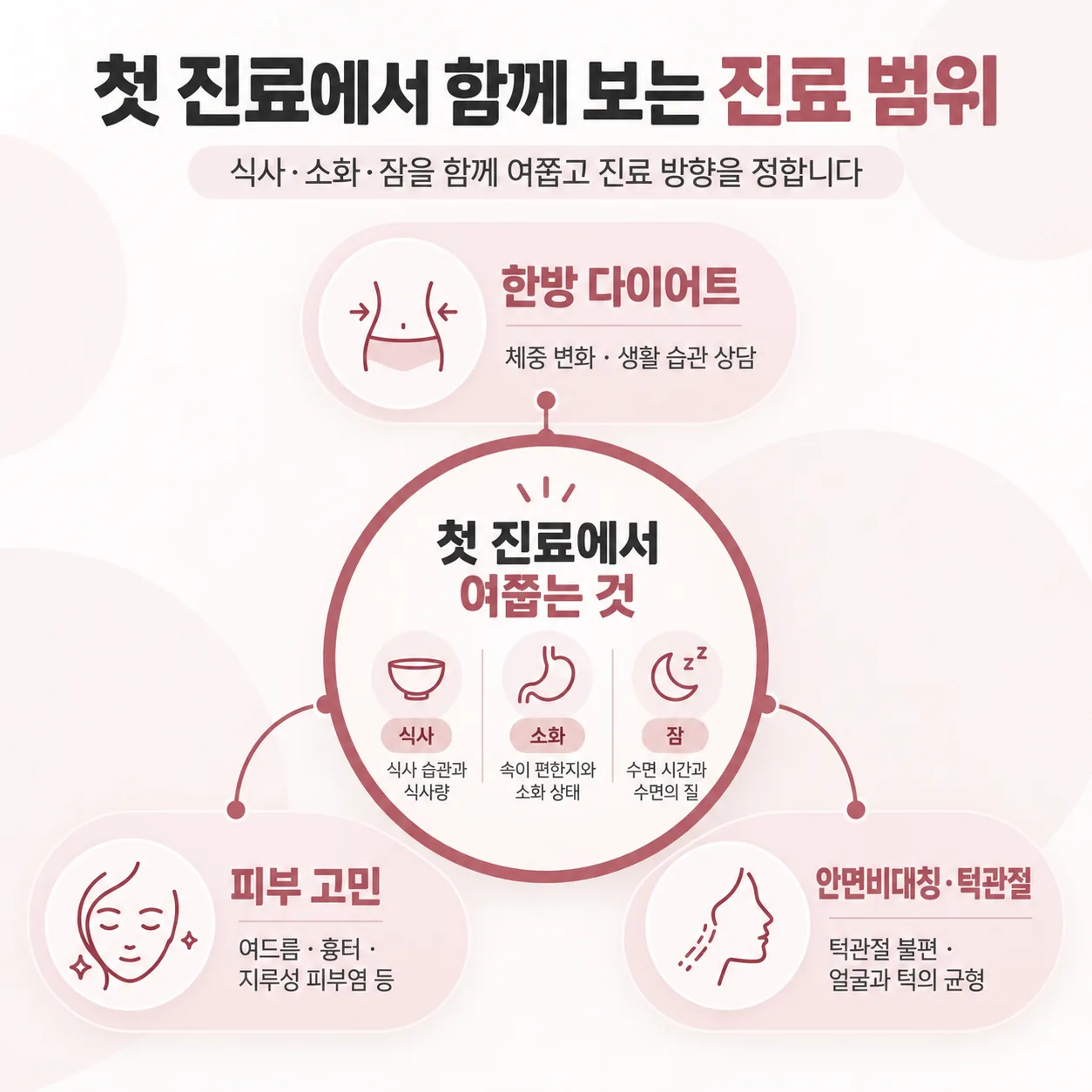첫 진료에서 식사와 소화, 잠을 여쭙고 다이어트, 피부, 턱과 얼굴 균형 세 영역으로 이어지는 진료 범위 개념도