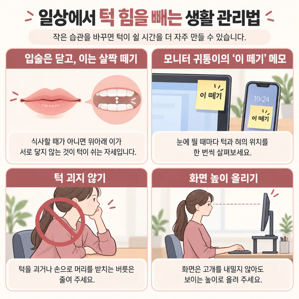 이 악물기 습관을 줄이는 입 모양과 이 떼기 메모, 턱 괴지 않기, 화면 높이 생활 관리 안내도