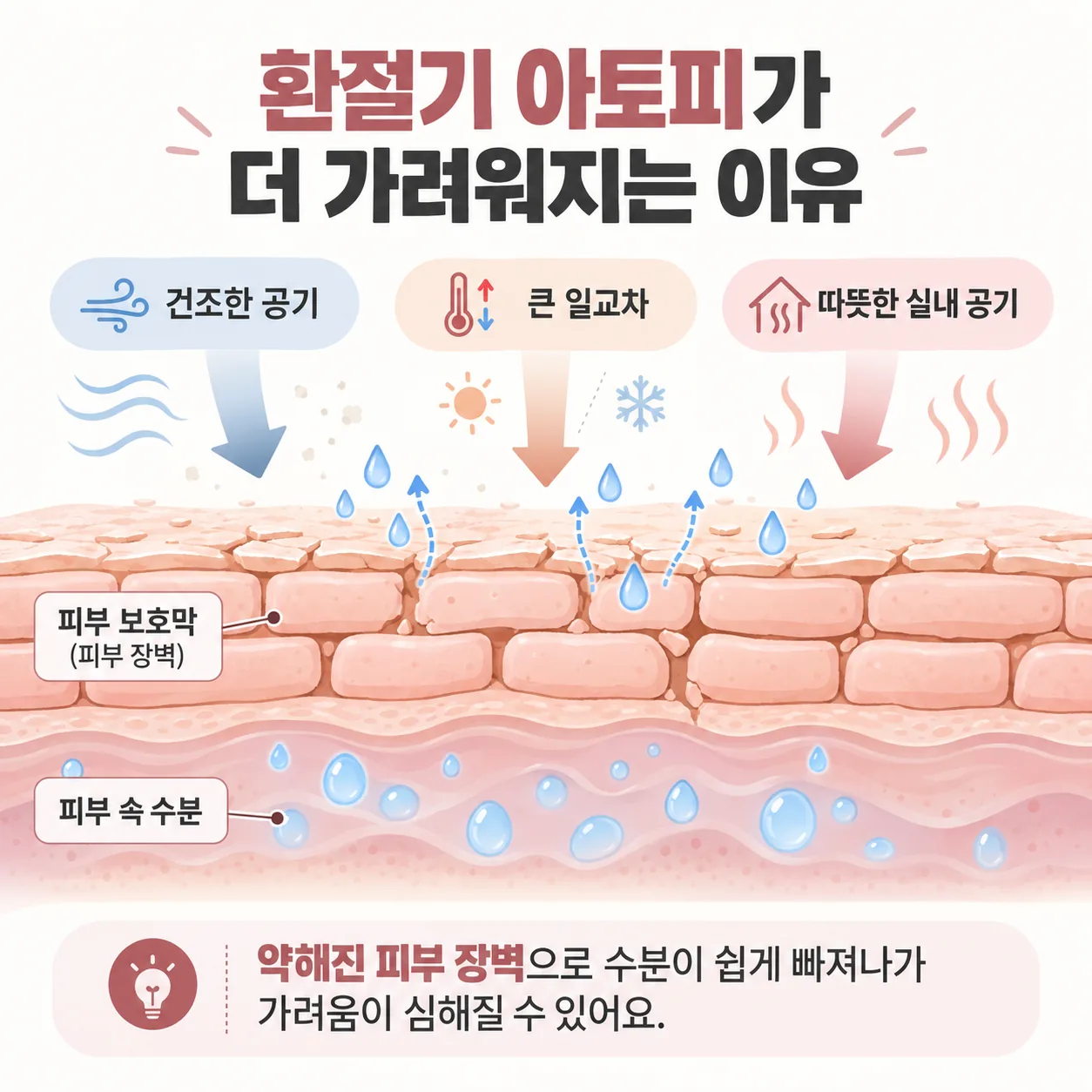 환절기 건조한 공기와 일교차로 피부 보호막에서 수분이 빠져나가는 아토피 피부 개념도
