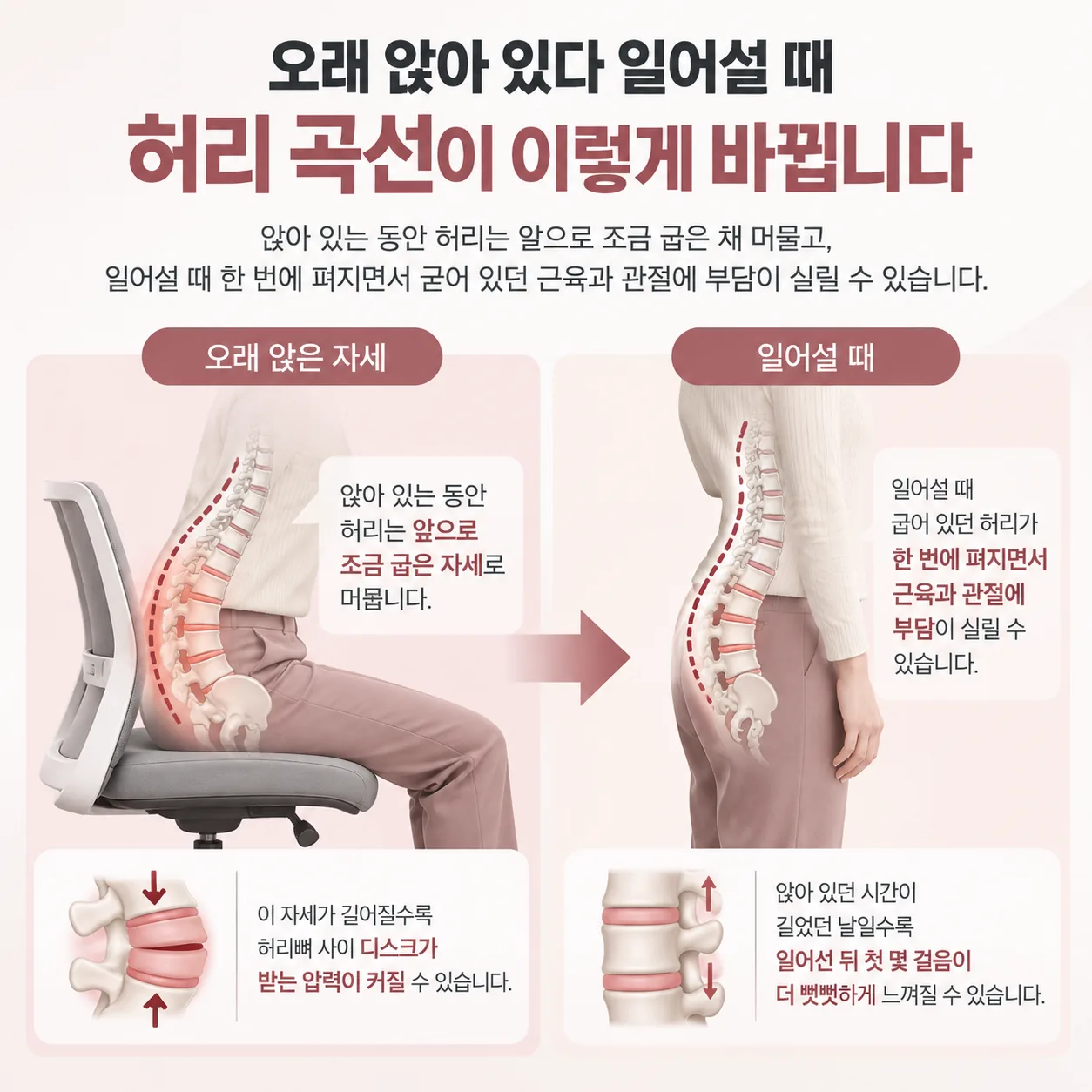 오래 앉은 자세에서 일어설 때 허리 곡선이 바뀌는 모습을 보여 주는 개념도