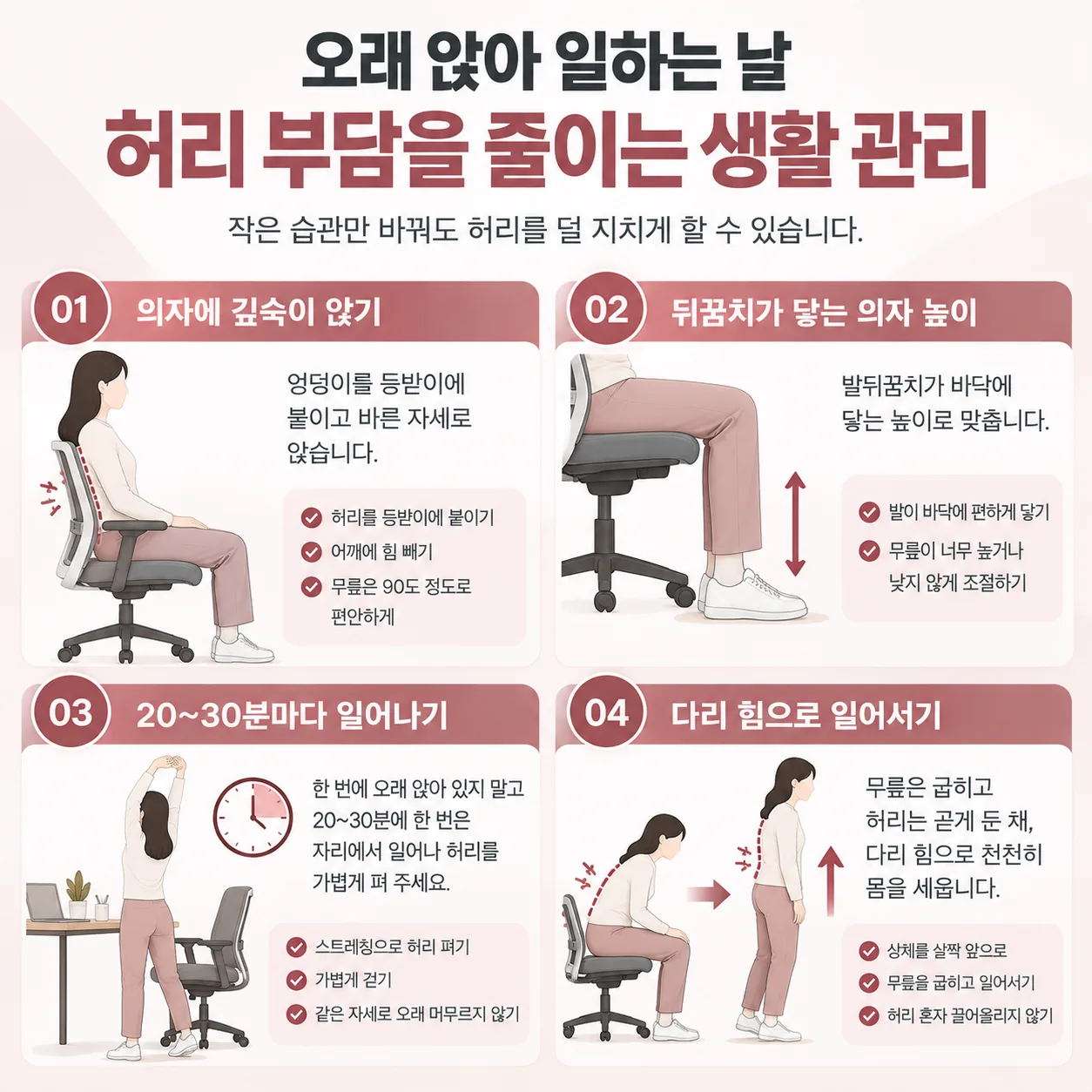 오래 앉아 일하는 날 허리 부담을 줄이는 네 가지 생활 관리 안내도