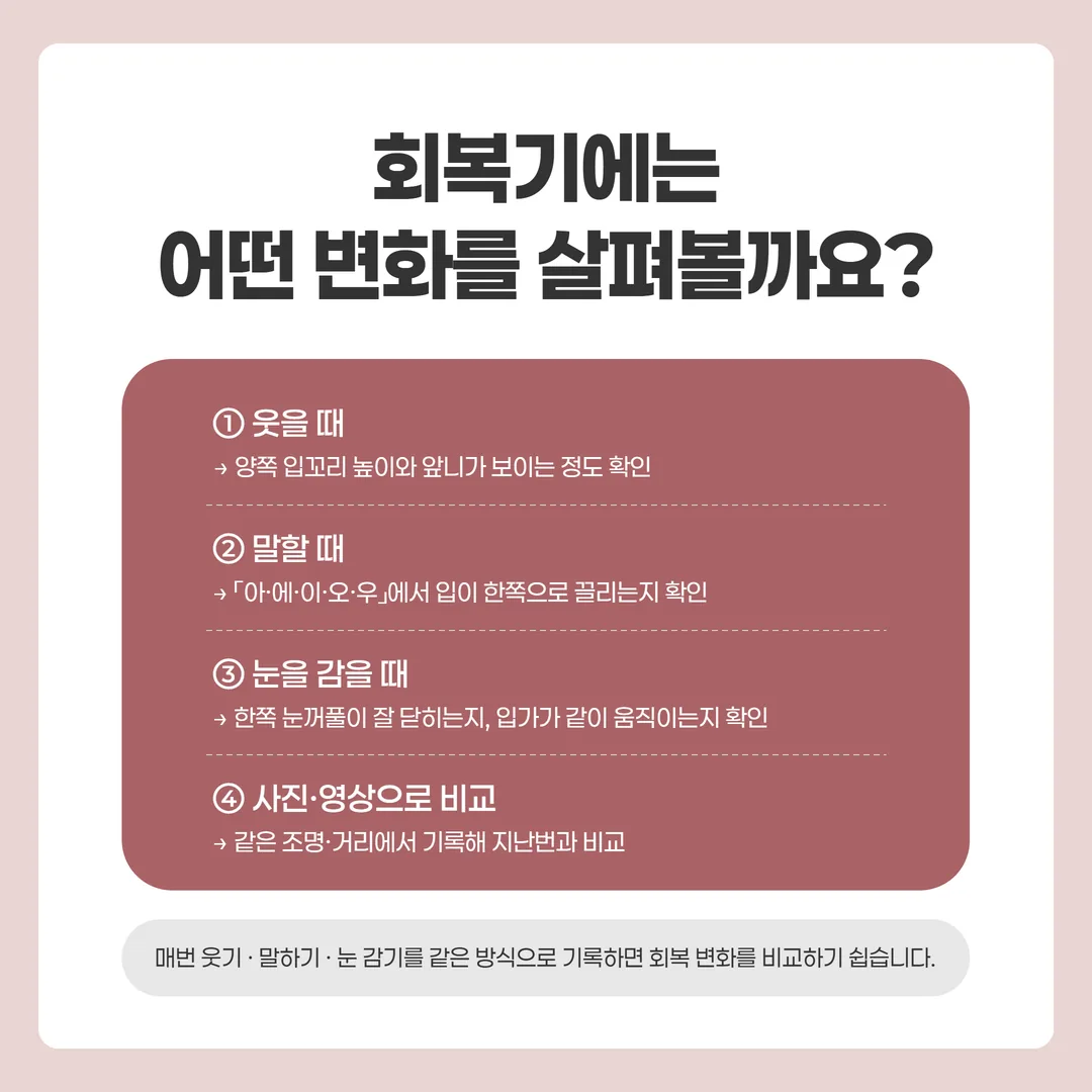 구안와사 회복기 웃을 때 말할 때 눈 감을 때 얼굴 변화를 적는 기록표 예시