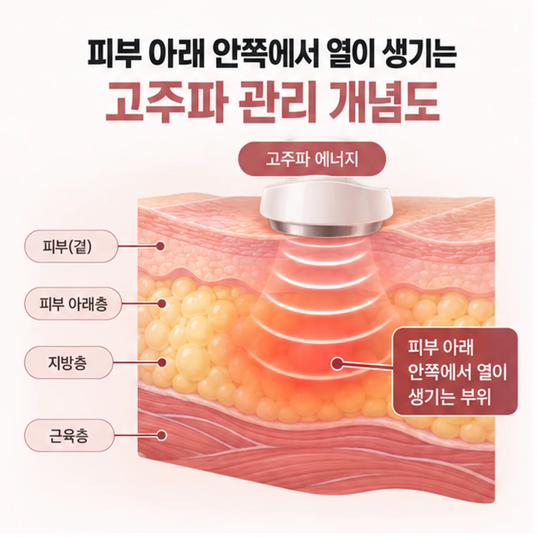 피부 아래 안쪽에서 열이 생기는 고주파 관리 개념도