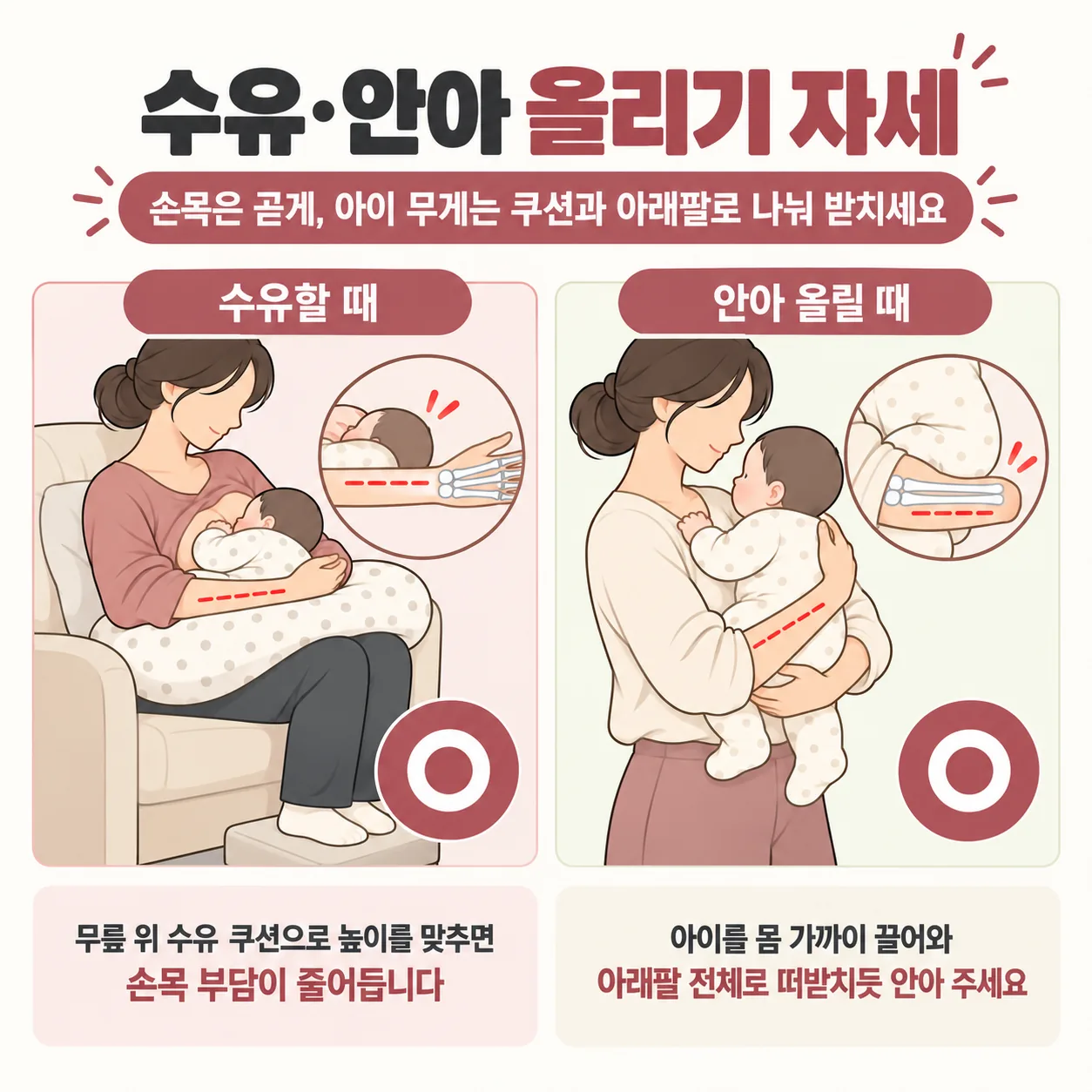 수유 쿠션으로 높이를 맞추는 자세와 아래팔로 받쳐 안아 올리는 자세 선화