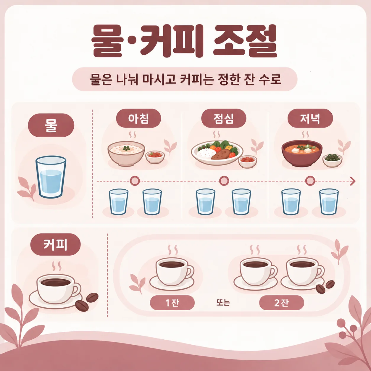 끼니 사이에 물을 나눠 마시고 커피 잔 수를 정해 둔 하루 음료 도식